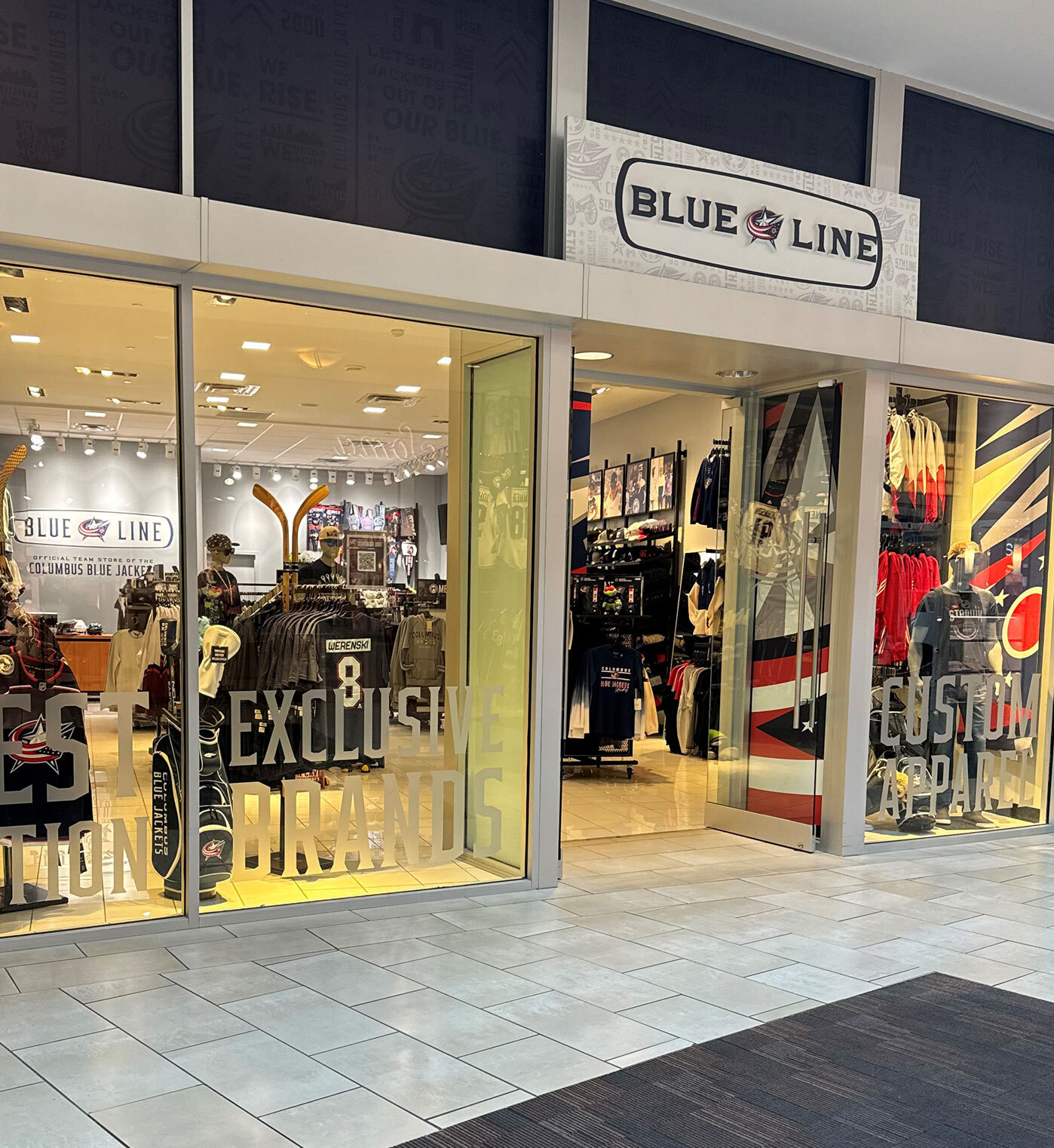 Front window of The Blue Line at Polaris Fashion Place